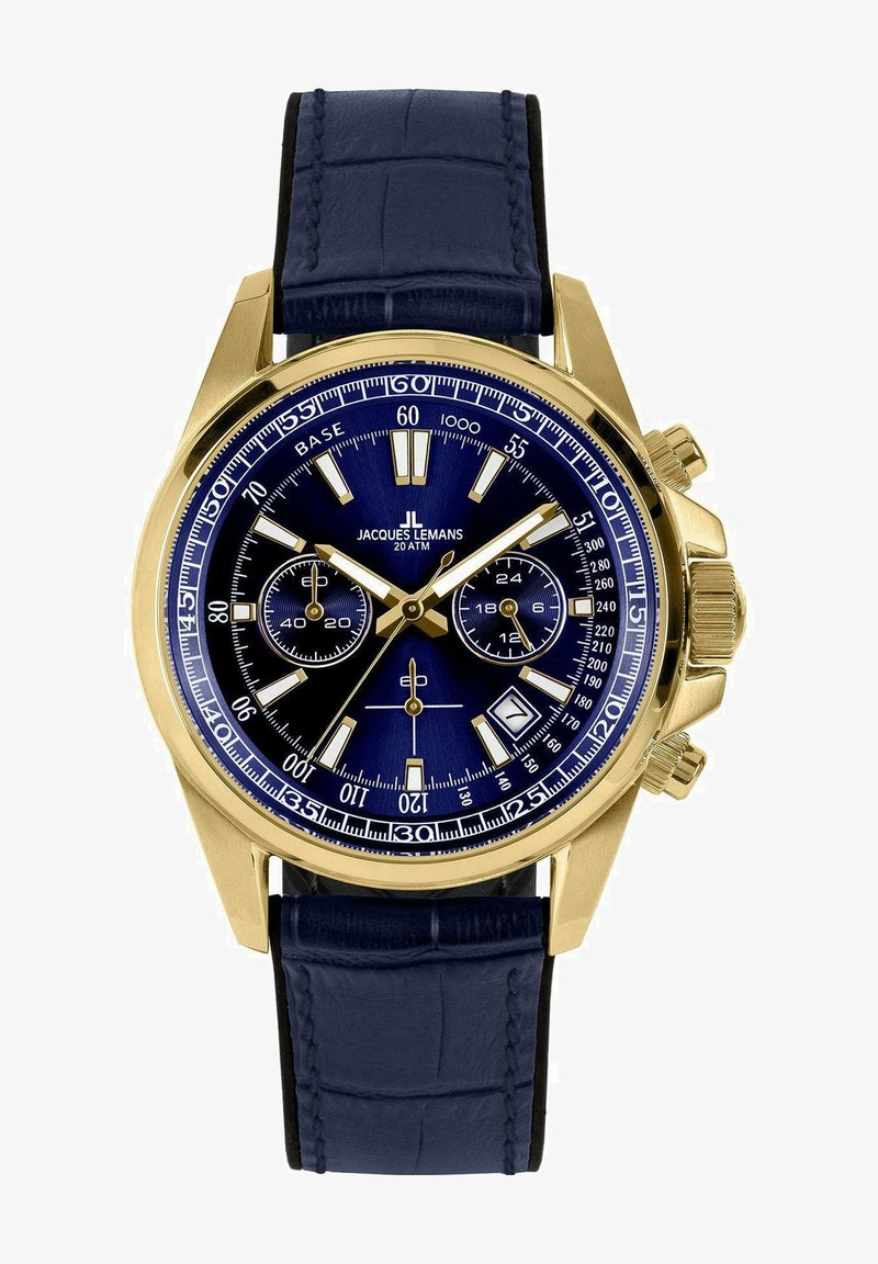 Goudkleurig chronograaf horloge met een blauwe wijzerplaat, witte uurmarkers en een marineblauwe leren band met krokodillenstructuur.