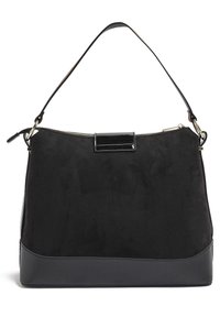Czarna torebka wykonana z zamszu z gładkim czarnym dnem. Posiada zamek błyskawiczny, akcent z lakierowanej skóry oraz pojedynczy pasek na ramię.