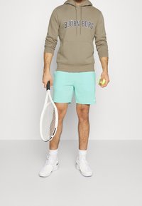 Khaki mikina s kapucí se skvělým logem "BJÖRN BORG", v kombinaci s mátově zelenými šortkami. Drží tenisovou raketu a míček, obuté má bílé tenisky.