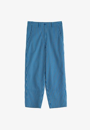 Pantaloni a righe blu e bianchi con una vestibilità rilassata, dotati di tasche laterali e una texture liscia, con orlo alle caviglie.