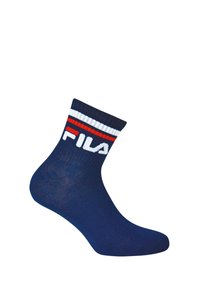 Calcetín de algodón azul marino con franjas blancas y rojas en la parte superior, con un logo de "Fila" en blanco tejido en la tela.