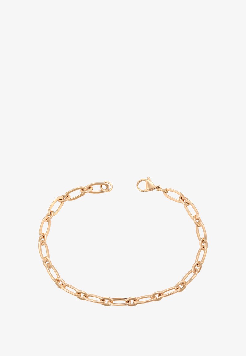 Bratara delicată din aur cu zale ovale alungite și închidere cu carabină, pe un fundal alb.