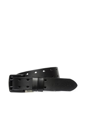 Ceinture en cuir noir avec plusieurs trous, boucle rectangulaire noire et nom de marque Volcom embossé à l'extrémité.