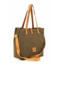 Borsa tote in tela verde oliva scuro con dettagli in pelle marrone. Presenta due spallacci, una tracolla regolabile rimovibile e ferrature in metallo.