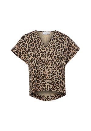 Blusa a maniche corte con scollo a V, fantasia leopardata marrone e nera e orlo leggermente curvo.