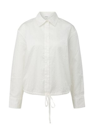 Witte cropped shirt van lichte stof met een knopenfront, lange mouwen, trekkoord onderkant en subtiel stippenpatroon.
