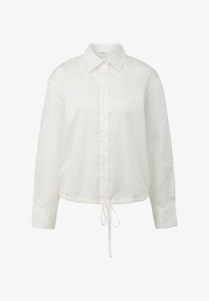 Witte cropped shirt van lichte stof met een knopenfront, lange mouwen, trekkoord onderkant en subtiel stippenpatroon.