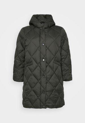 Padded hooded coat in dark green, featuring a quilted diamond pattern, snap buttons, and side pockets. Smooth, reflective material.