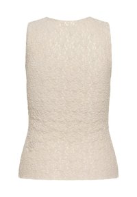 Beżowa koronkowa bluzka bez rękawów z kwiatowym wzorem i okrągłym dekoltem, dopasowana w talii.