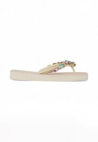 Beige flip-flop sandals with a textured sole, featuring decorative jewels in pastel colors and gold accents on the strap.