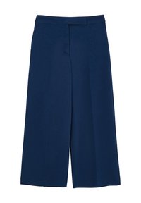 Pantaloni a gamba larga blu navy con vita alta e chiusura frontale nascosta, realizzati in tessuto morbido.