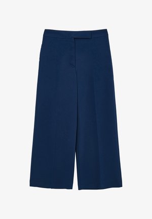 Pantaloni a gamba larga blu navy con vita alta e chiusura frontale nascosta, realizzati in tessuto morbido.