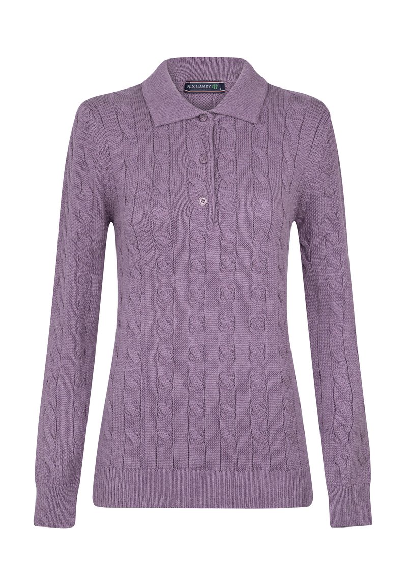 Lila gestrickter Polo-Pullover mit langen Ärmeln, ausgestattet mit einem Kabelstrickmuster, drei Knöpfen am Kragen und gerippten Bündchen und Saum.