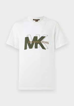 White short-sleeve T-shirt with overlapping green and outlined MK letters and "MICHAEL KORS" text across the chest.