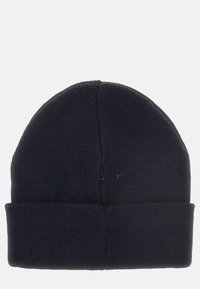 Granatowa dzianinowa czapka z mankietem; wykonana z miękkiego, teksturowanego materiału, o prostym, bezszwowym wzorze.