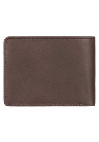 Cartera de cuero marrón con una textura suave, forma rectangular y costuras visibles a lo largo de los bordes. Diseño minimalista sin adornos.