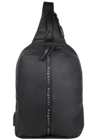 Crni ruksak na jedno rame s glatkom, mat teksturom; ima zaobljeni dizajn i istaknuti uspravni logo na prednjem dijelu.