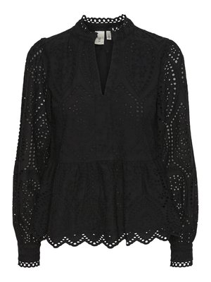 Zwarte blouse met hoge hals, lange mouwen en ingewikkelde uitsnijdingen, met een peplumzoom en gegolfde randen.