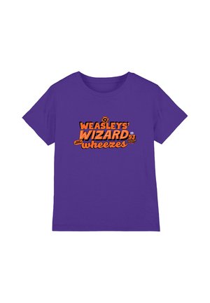 Purple crew neck t-shirt with orange and black text reading "Weasleys' Wizard Wheezes" and small details referencing "93 Diagon Alley."