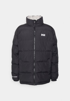 Black puffer jacket with a high collar, front zipper, and patch pockets. Features horizontal quilted sections and logo on the chest and sleeve.