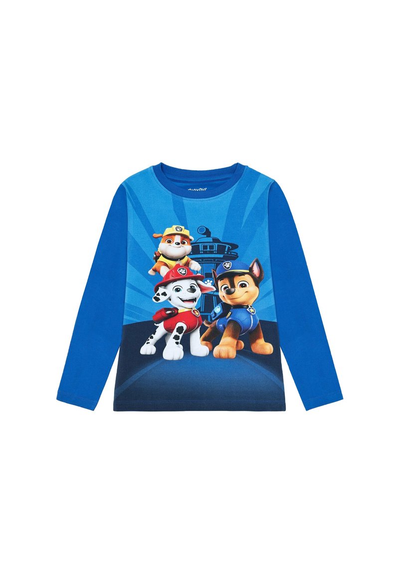 Blaues Langarmshirt mit Cartoon-Hundekaraktern auf blauem Hintergrund, mit Rundhalsausschnitt und weichem Material.