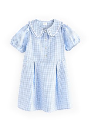 Robe vichy bleu clair et blanc avec manches courtes bouffantes, col Peter Pan à volants, boutons en forme de cœur et poches avant.