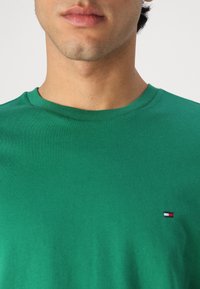 Νέο άτομο φοράει απλό πράσινο κοντομάνικο μπλουζάκι με στρογγυλή λαιμόκοψη και μικρό κόκκινο, λευκό και μπλε ορθογώνιο λογότυπο στο αριστερό στήθος.