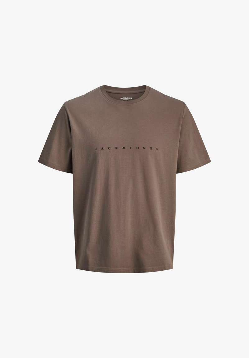 Kortærmet t-shirt med rund hals i jordbrun bomuld med trykt "JACK & JONES" tekst i sort på brystet. Glat tekstur.