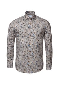 Langarmshirt in een lichtbeige stof met een bloemenpatroon in blauwe en bruine tinten, met een gespreide kraag en knoopsluiting.