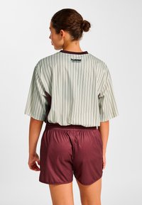 Kurzarm-Trikot in hellgrün mit Streifen und braunroten Akzenten; kombiniert mit passenden braunroten Shorts mit elastischem Bund.