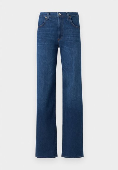 Μπλε τζιν παντελόνι με ίσια γραμμή, κλασικό σχεδιασμό με πέντε τσέπες και κούμπωμα με μεταλλικό κουμπί στη μέση.