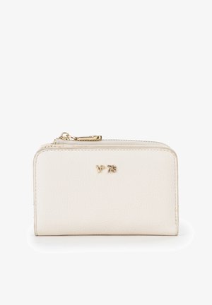 Pequeña cartera rectangular de cuero blanco con cremallera dorada y logo "V° 73" en el centro delantero.