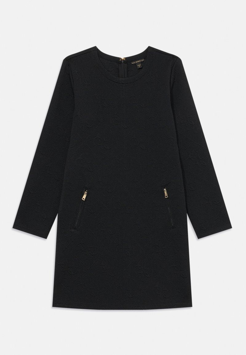 Vestido preto de mangas longas com padrão em relevo sutil, decote redondo e dois bolsos frontais com zíper e puxadores em tom dourado.
