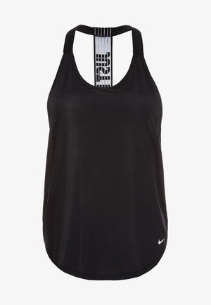 Zwarte atletische tanktop met een mesh textuur, racerback ontwerp en een witte gestreepte detail op de bovenkant van de rug. Voorzien van een logo aan de voorkant.