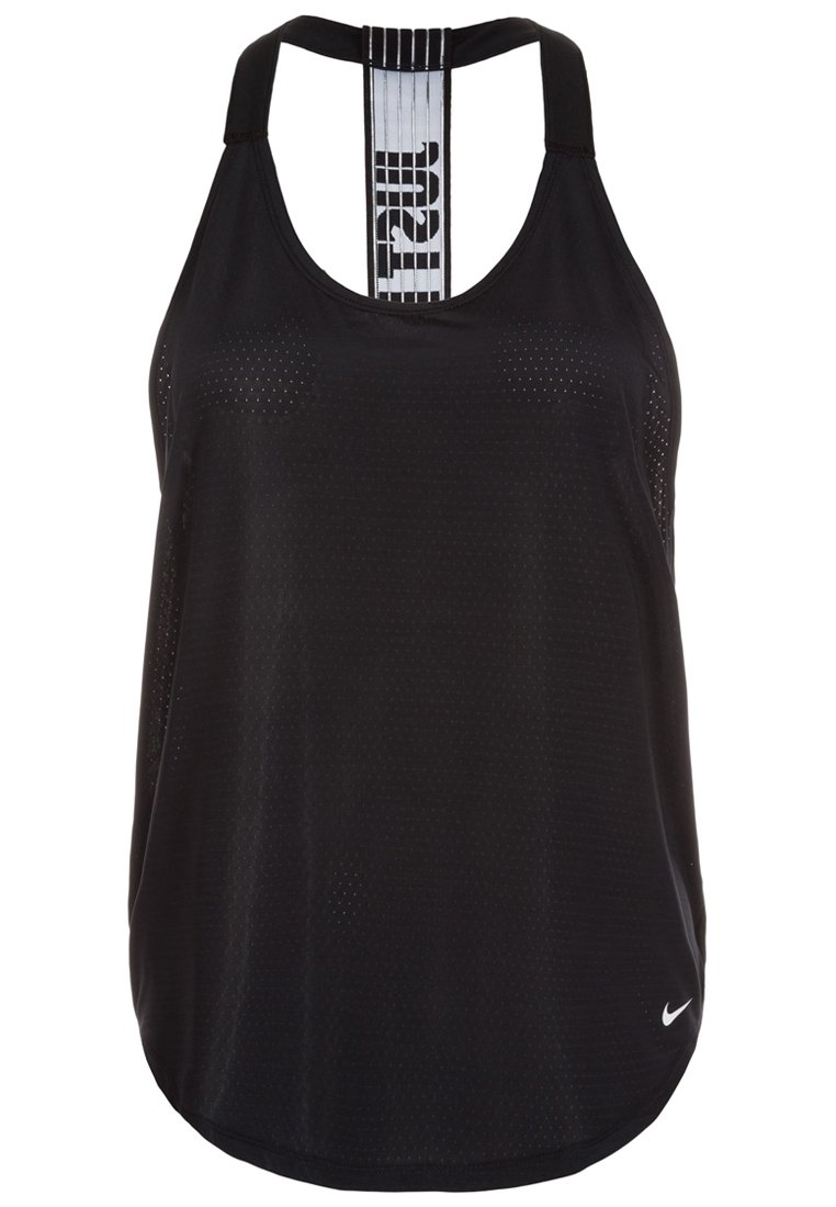 Zwarte atletische tanktop met een mesh textuur, racerback ontwerp en een witte gestreepte detail op de bovenkant van de rug. Voorzien van een logo aan de voorkant.