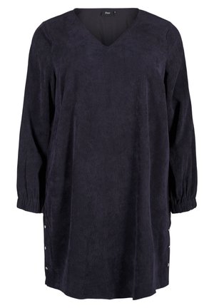 Mörkblå, långärmad klänning med V-ringning, mjuk textur och sidoknappar. Har en avslappnad passform med elastiska ärmslut och slät tyg.