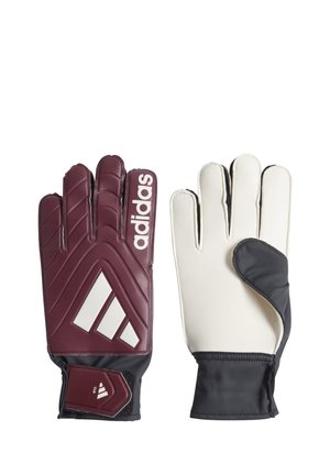 Due guanti da portiere Adidas, uno mostra il retro granata con logo bianco, l'altro mostra il palmo bianco con cinturino nero al polso.