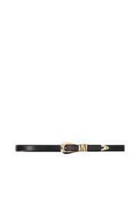 Cintura in pelle nera con fibbia color oro, tre anelli decorativi dorati e una punta dorata appuntita.