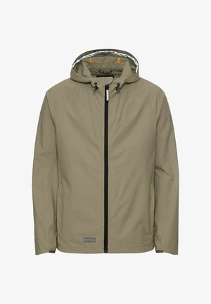 Beige wasserdichte Jacke mit Kapuze, vorderem Reißverschluss, elastischen Bündchen und einem Logopatch. Sie hat schwarze Akzente und ein gefüttertes Innenfutter.