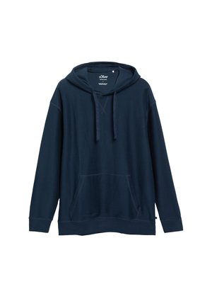 Marineblauer Kapuzenpullover mit vorderer Kängurutasche und Kordelzug an der Kapuze, langen Ärmeln sowie gerippten Bündchen und Saum.
