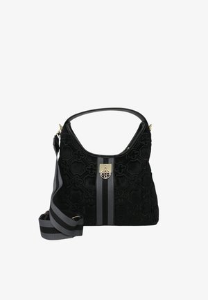 Borsa a tracolla in velluto nero con embossing floreale, chiusura dorata e tracolla a strisce grigie. Il design è in stile hobo con manico curvo.