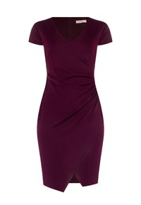 Burgunderfarbenes Kleid mit kurzen Ärmeln, V-Ausschnitt und gerafftem Seitendetail. Verfügt über einen asymmetrischen Saum und eine glatte Stofftextur.