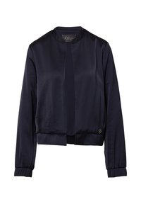 Veste bombardier marine avec une texture lisse et brillante. Présente un col rond, des épaules tombantes et des poignets et un ourlet élastiques. Détail du logo à l'ourlet.