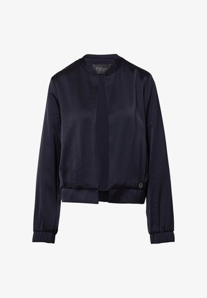Marine bomberjack met een gladde, glanzende textuur. Beschikt over een ronde halslijn, dolman mouwen en elastische manchetten en zoom. Logo detail aan de zoom.