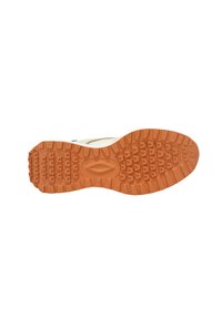 Laufschuh-Außensohle mit einer strukturierten orangen GummOberfläche, die tiefe Rillen und ein ovales Logo in der Mitte zur Verbesserung der Traktion aufweist.