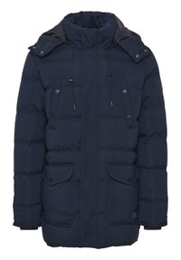 Navy blue puffer jacket with long sleeves, high collar, front pockets, and drawstring hood; features quilted texture and button accents.