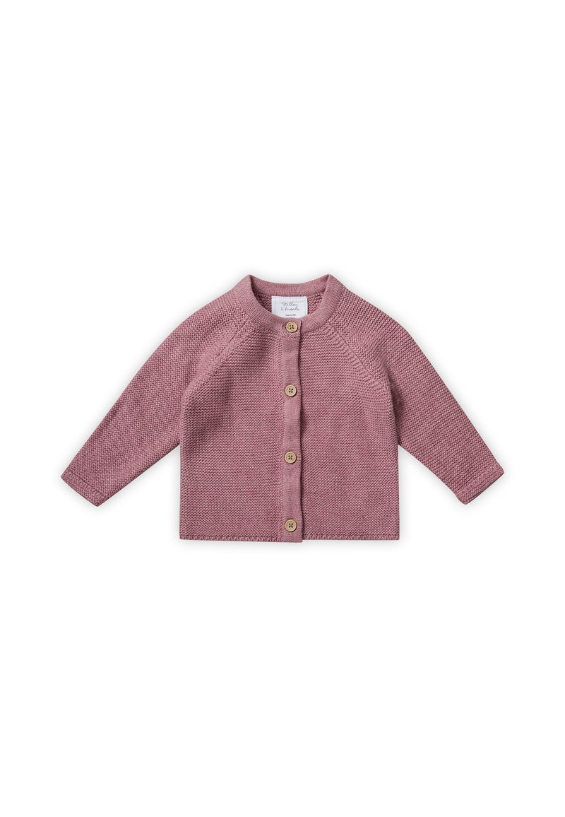Cardigan en tricot pour enfants en rose pâle, avec des manches longues, un col arrondi et quatre boutons en bois sur le devant.