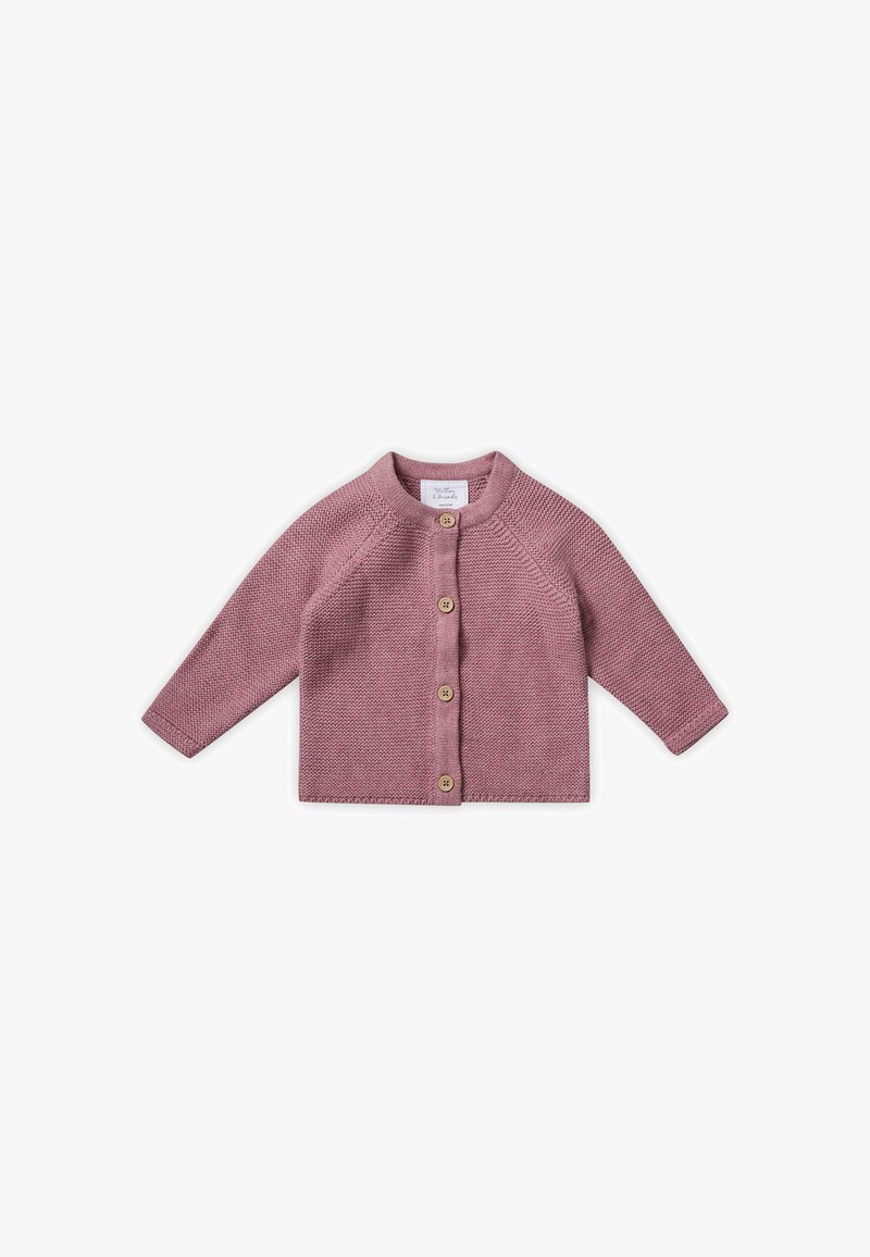 Cardigan en tricot pour enfants en rose pâle, avec des manches longues, un col arrondi et quatre boutons en bois sur le devant.