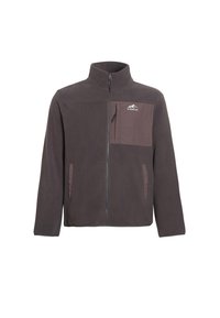 Polarowy płaszcz w ciemnoszarym kolorze z wysokim kołnierzem, pełnym zamkiem błyskawicznym oraz kontrastową kieszenią na piersi w kolorze mauve, z zamknięciem na zamek i logo.