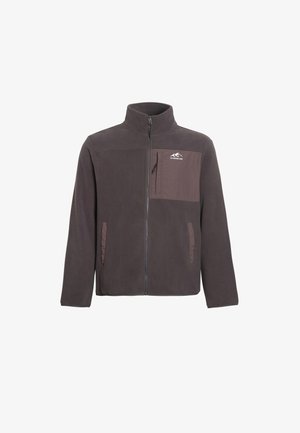 Fleece jacket in dark gray with a high collar, full zipper, and a contrasting mauve chest pocket featuring a zip closure and logo.